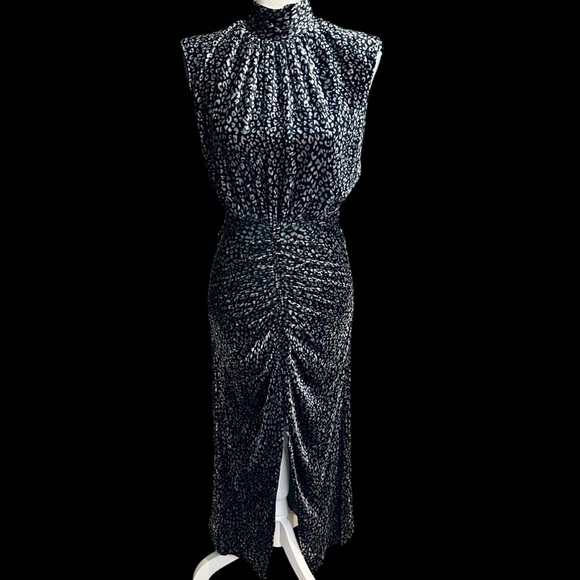 NWOT Ramy Brook ‘Lennon’ Leopard Print Ruched Velvet Midi Dress’ in Black Sz 00 - Picture 5 of 16
